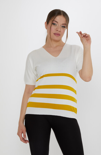 Knitted Sweater - Striped Detail - Ecru-Saffron - 31176 | KAZEE (3-Piece Set M-L-XL) - Kazee