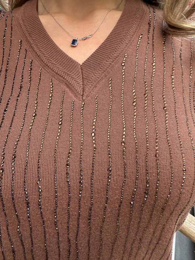 Knitted Sweater Striped Stone Embellished - Brown - 31500 | KAZEE (3-Piece Set L-XL-2XL) - 4