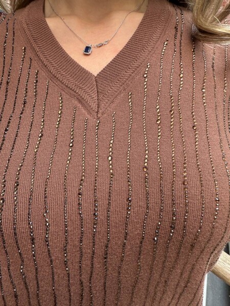 Knitted Sweater Striped Stone Embellished - Brown - 31500 | KAZEE (3-Piece Set L-XL-2XL) - 4