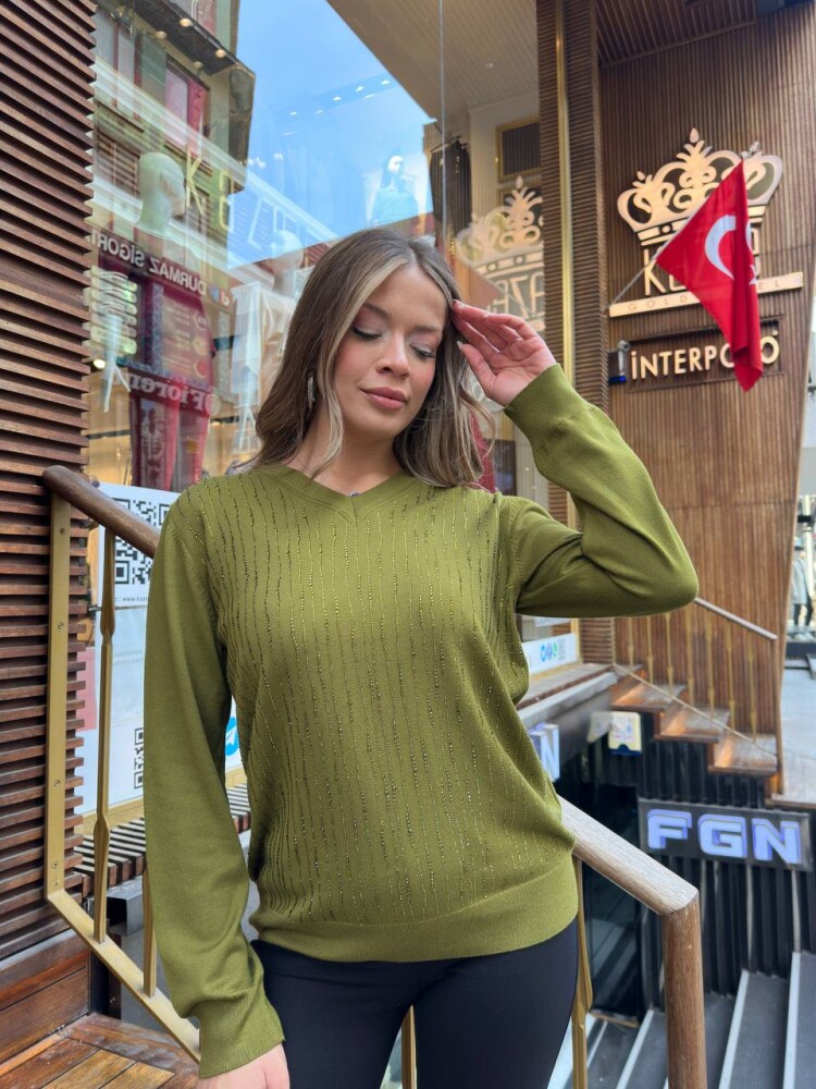 Knitted Sweater Striped Stone Embellished Green - 31500 | KAZEE (3-Piece Set L-XL-2XL) - 2