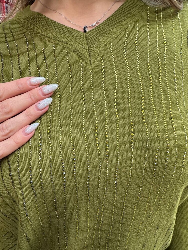 Knitted Sweater Striped Stone Embellished Green - 31500 | KAZEE (3-Piece Set L-XL-2XL) - 4