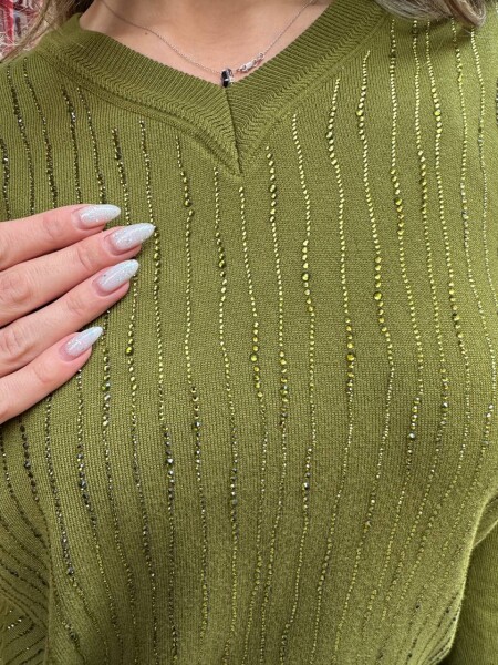 Knitted Sweater Striped Stone Embellished Green - 31500 | KAZEE (3-Piece Set L-XL-2XL) - 4