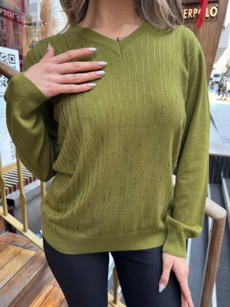 Knitted Sweater Striped Stone Embellished Green - 31500 | KAZEE (3-Piece Set L-XL-2XL) - 5