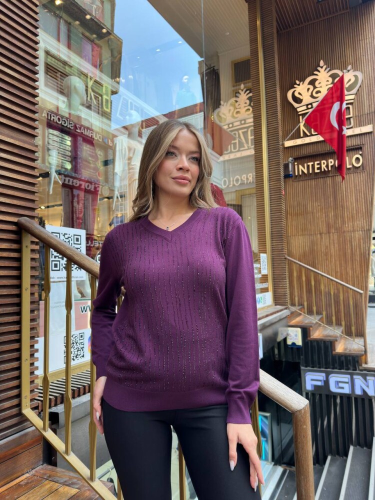 Knitted Sweater Striped Stone Embellished - Purple - 31500 | KAZEE (3-Piece Set L-XL-2XL) - 3