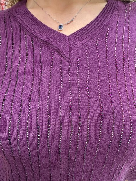 Knitted Sweater Striped Stone Embellished - Purple - 31500 | KAZEE (3-Piece Set L-XL-2XL) - 4