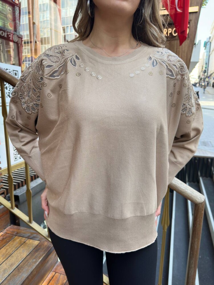 Knitted Sweater - With Tulle Detail - Beige - 32174 | KAZEE (3-Piece Set XL-2XL-3XL) - 5