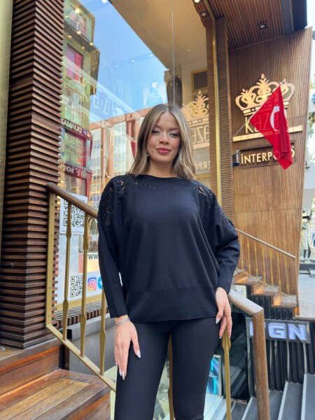 Knitted Sweater with Tulle Detail Black - 32174 | KAZEE (3-Piece Set XL-2XL-3XL) - 3