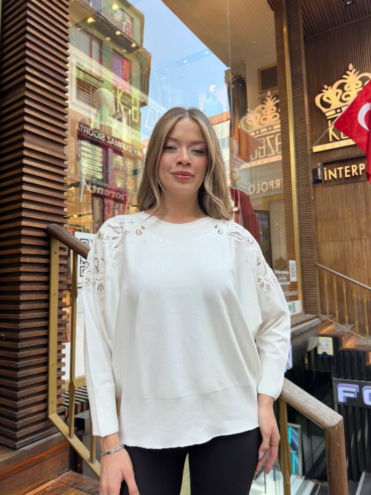 Knitted Sweater - With Tulle Detail - Ecru - 32174 | KAZEE (3-Piece Set XL-2XL-3XL) - 2