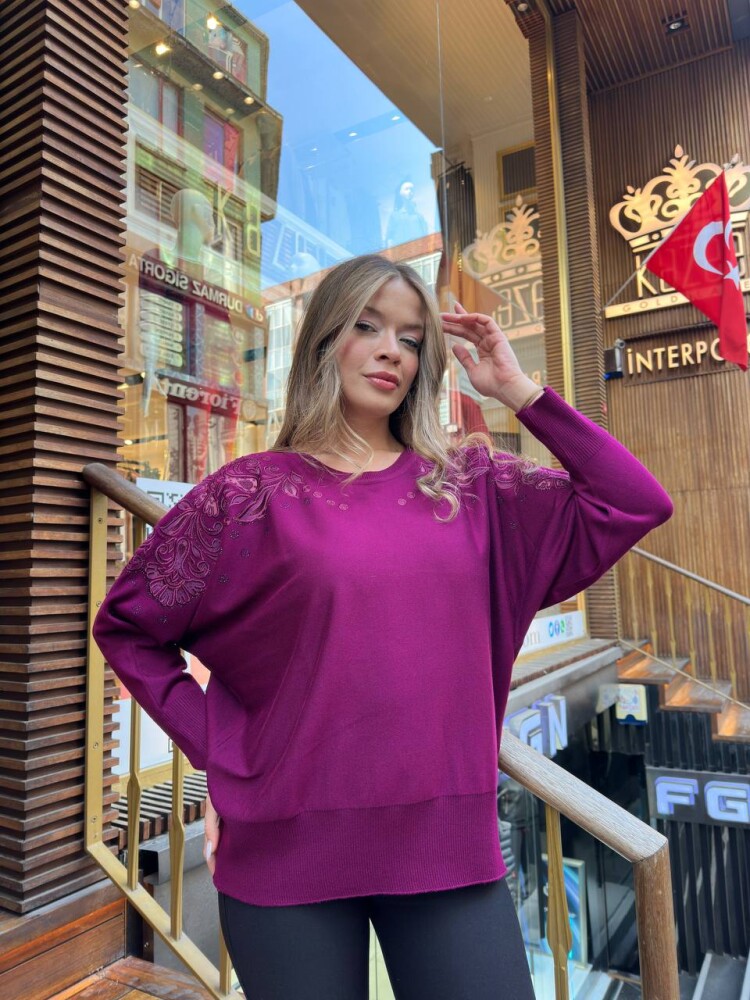 Knitted Sweater Tulle Detail Fuchsia - 32174 | KAZEE (3-Piece Set XL-2XL-3XL) - 1