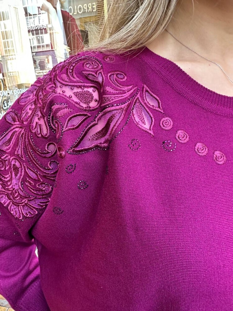 Knitted Sweater Tulle Detail Fuchsia - 32174 | KAZEE (3-Piece Set XL-2XL-3XL) - 5