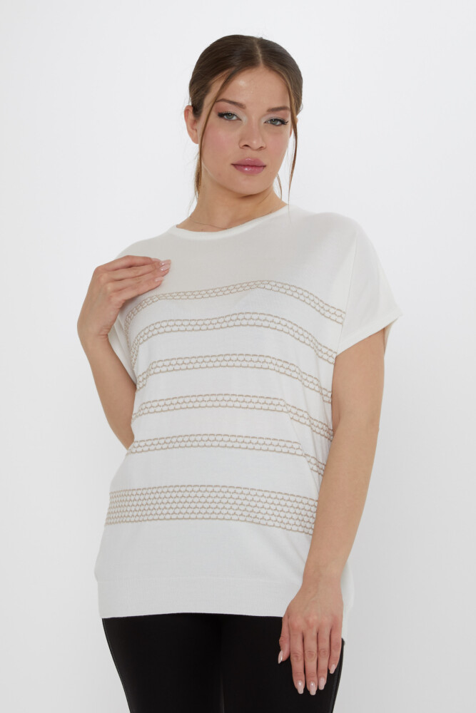 Knitted Sweater - Embroidered - Ecru-Beige - 31707 | KAZEE (3-Piece Set M-L-XL) - 1