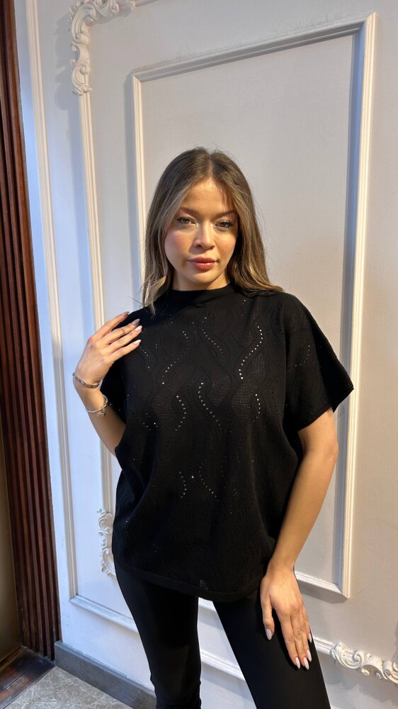 Knitted Sweater Stone Embellished Black - 31920 | KAZEE (3-Piece Set L-XL-2XL) - 1