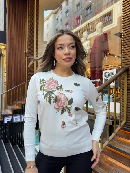 Knitted Sweater - Embellished with Stones - Ecru - 32035 | KAZEE (3-Piece Set M-L-XL) - KAZEE