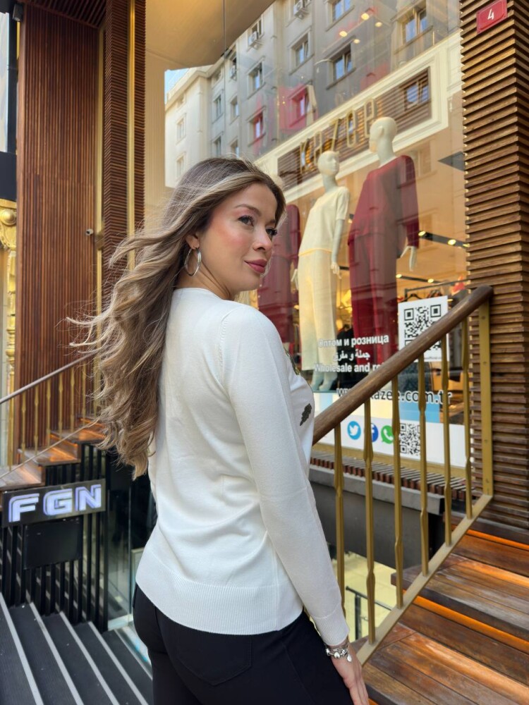 Knitted Sweater - Embellished with Stones - Ecru - 32035 | KAZEE (3-Piece Set M-L-XL) - 6