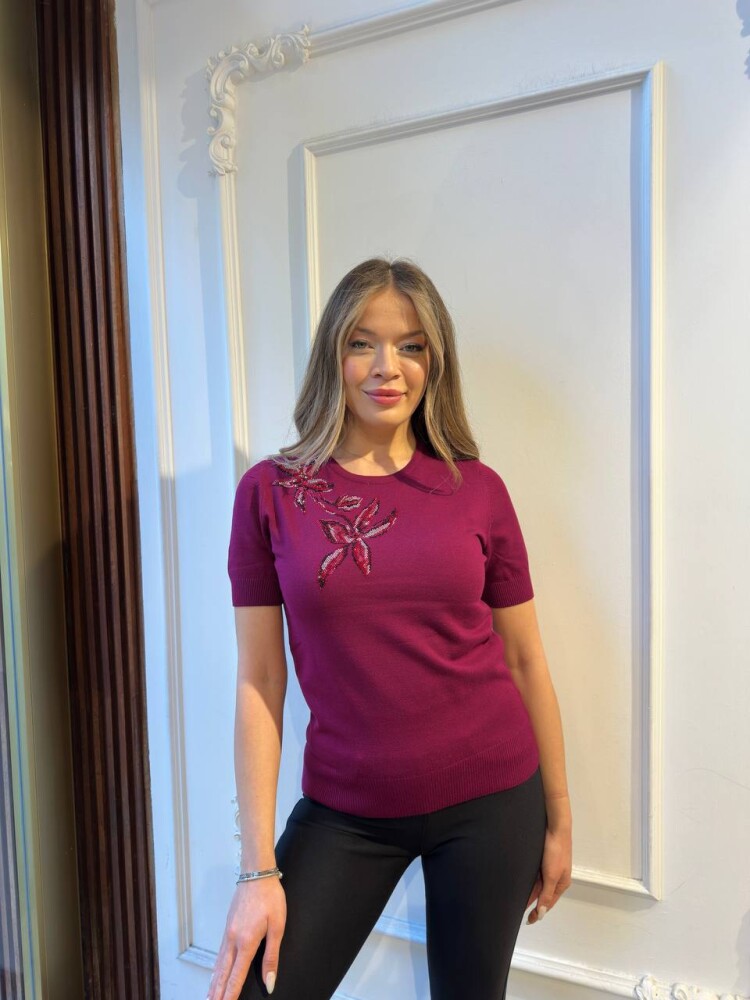 Knitted Sweater Stone Embellished Fuchsia - 31051 | KAZEE (3-Piece Set S-M-L) - 1