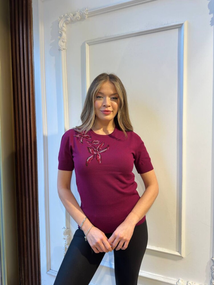 Knitted Sweater Stone Embellished Fuchsia - 31051 | KAZEE (3-Piece Set S-M-L) - 2