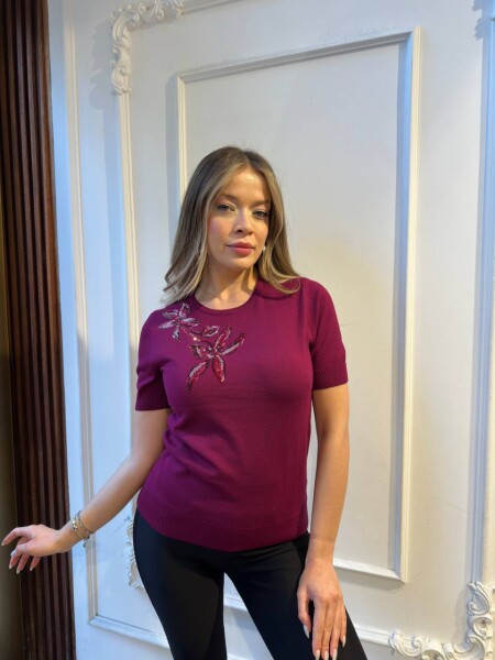 Knitted Sweater Stone Embellished Fuchsia - 31051 | KAZEE (3-Piece Set S-M-L) - 3