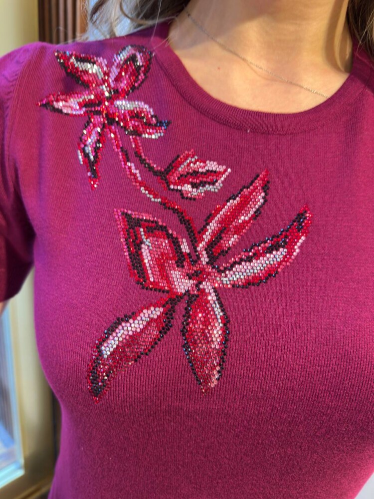 Knitted Sweater Stone Embellished Fuchsia - 31051 | KAZEE (3-Piece Set S-M-L) - 4