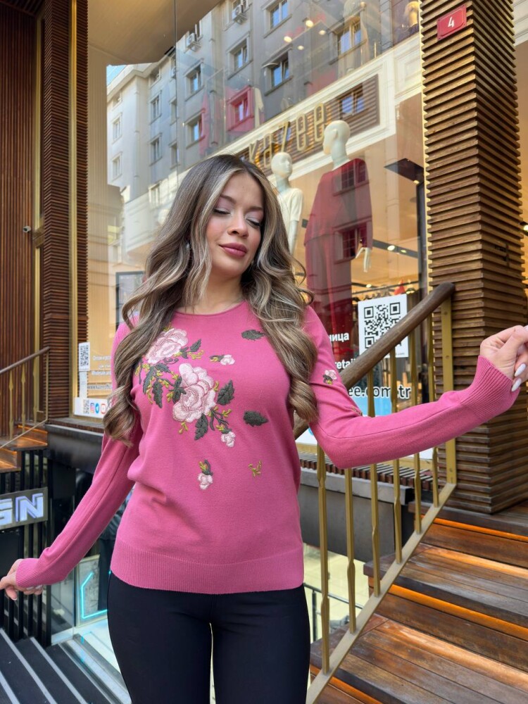 Knitted Sweater - Embellished with Stones - Pink - 32035 | KAZEE (3-Piece Set M-L-XL) - 2