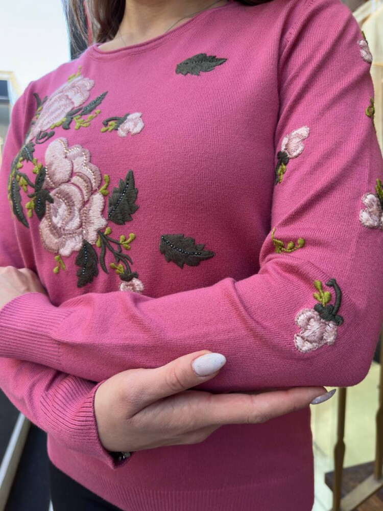 Knitted Sweater - Embellished with Stones - Pink - 32035 | KAZEE (3-Piece Set M-L-XL) - 5