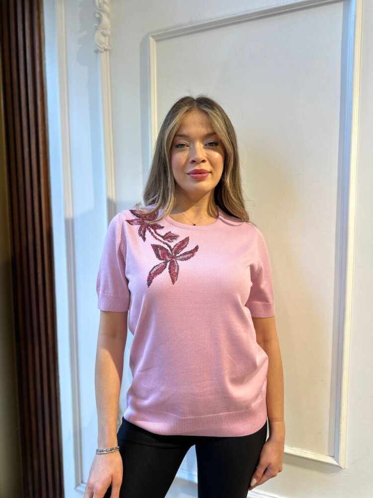 Knitted Sweater Stone Embellished - Powder Pink - 31051 | KAZEE (3-Piece Set S-M-L) - 2