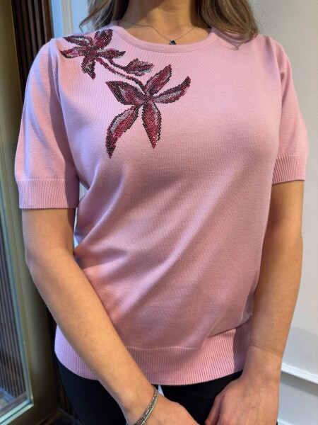 Knitted Sweater Stone Embellished - Powder Pink - 31051 | KAZEE (3-Piece Set S-M-L) - 4