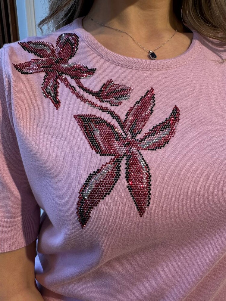 Knitted Sweater Stone Embellished - Powder Pink - 31051 | KAZEE (3-Piece Set S-M-L) - 5