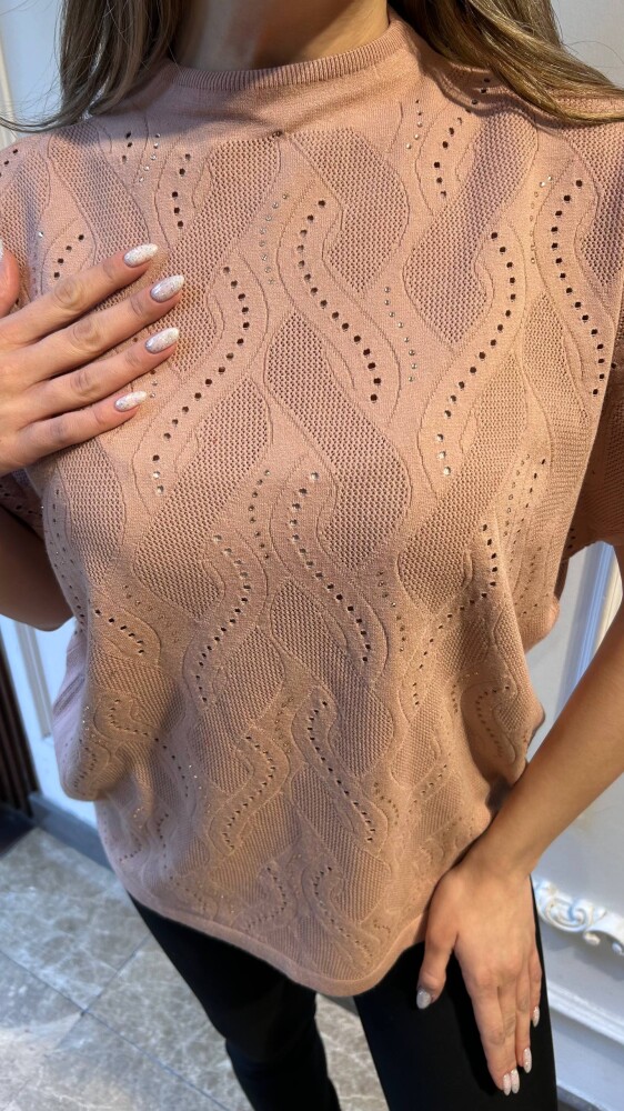 Knitted Sweater Stone Embellished Powder Pink - 31920 | KAZEE (3-Piece Set L-XL-2XL) - 3