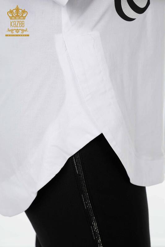 قميص نسائي بالجملة زيبرا زهري نمط أبيض - 20126 | كازي