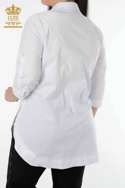 قميص نسائي بالجملة زيبرا زهري نمط أبيض - 20126 | كازي