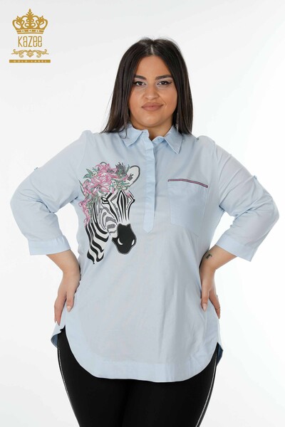 قميص نسائي بالجملة زيبرا زهري أزرق - 20126 | كازي - Thumbnail