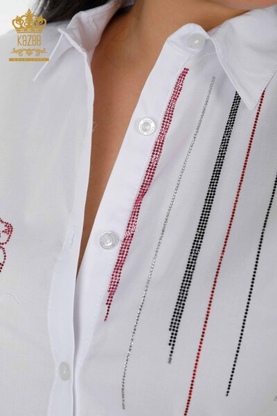 قميص نسائي جملة نمر ووردي منقوش أبيض - 20191 | كازي - Thumbnail