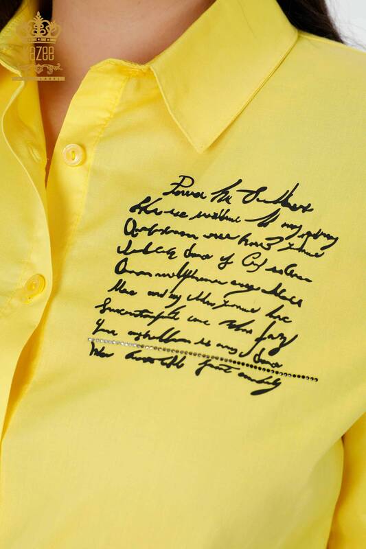 قميص نسائي بالجملة مع نص مفصل أصفر - 20097 | كازي