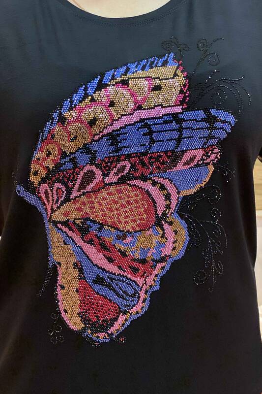Lady Butterfly Design Crystal Stone Embroidered Combed Cotton 77384