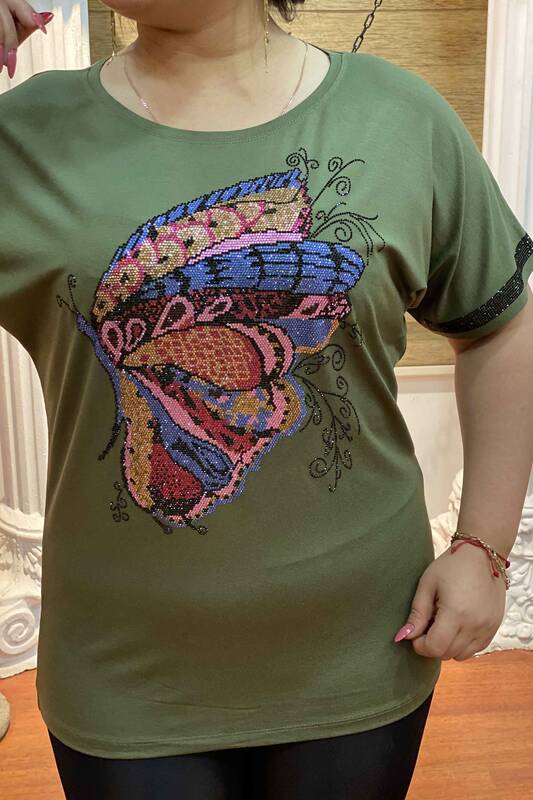 Lady Butterfly Design Crystal Stone Embroidered Combed Cotton 77384