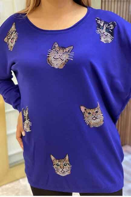 Lady Cat Figured Crystal Stone Embroidered Knitwear 16140