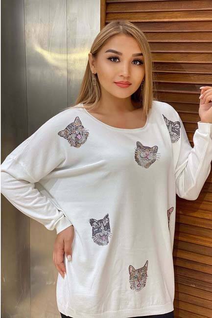 Lady Cat Figured Crystal Stone Embroidered Knitwear 16140