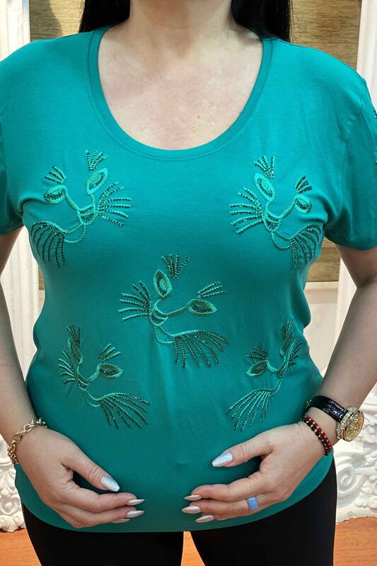 Ladies Short Sleeve Deer Themed Crystal Stone Embroidered Combed Cotton 77450