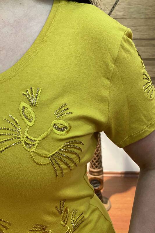 Ladies Short Sleeve Deer Themed Crystal Stone Embroidered Combed Cotton 77450
