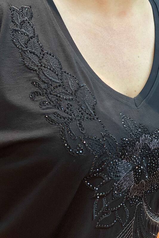 Ladies V Neck Flowers Crystal Stone Embroidered Combed Cotton 77422
