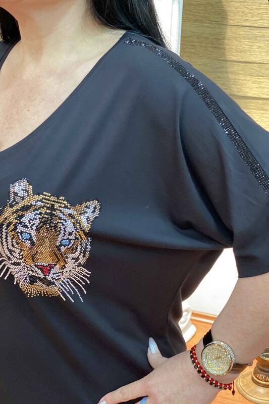 Ladies V Neck Tiger Themed Crystal Stone Embroidered Combed Cotton 76577