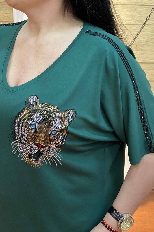 Ladies V Neck Tiger Themed Crystal Stone Embroidered Combed Cotton 76577