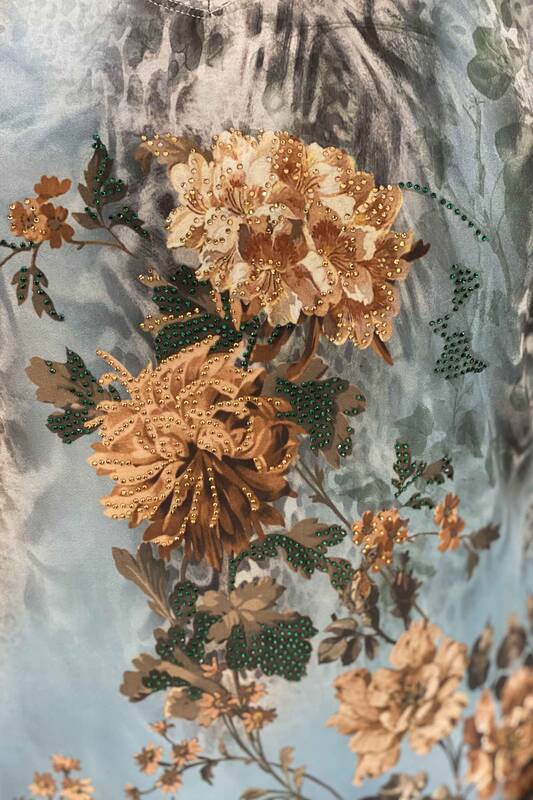 Leaf Rose Details Crystal Stone Embroidered Digital Printed Combed Cotton 76824