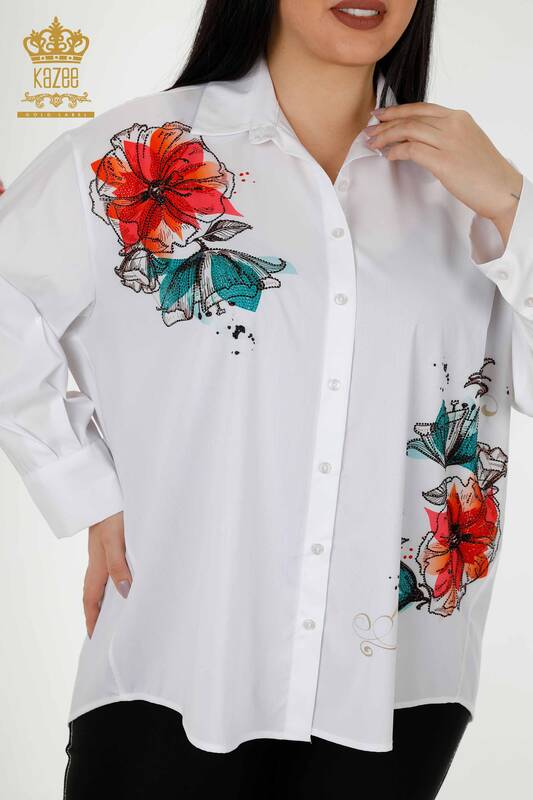 قميص نسائي بالجملة - مطرز بالحجر - أبيض - 20223 | كازي