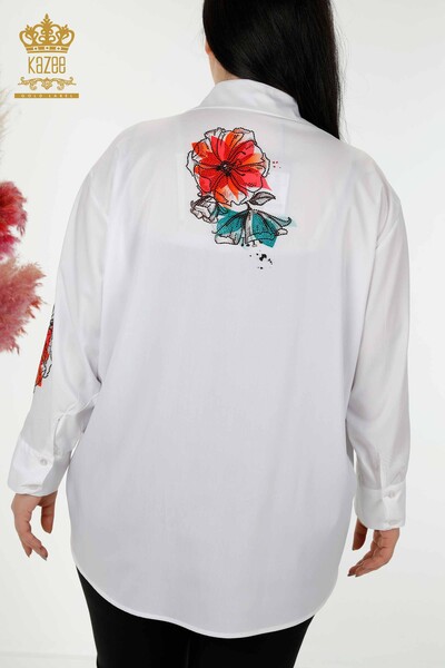 قميص نسائي بالجملة - مطرز بالحجر - أبيض - 20223 | كازي - Thumbnail
