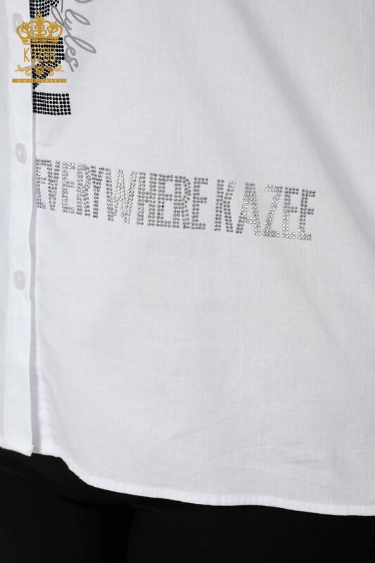 قميص نسائي جملة حجر كريستال مطرز ابيض - 20136 | كازي