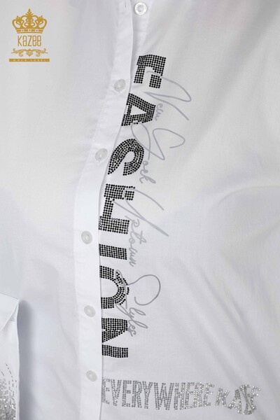 قميص نسائي جملة حجر كريستال مطرز ابيض - 20136 | كازي - Thumbnail