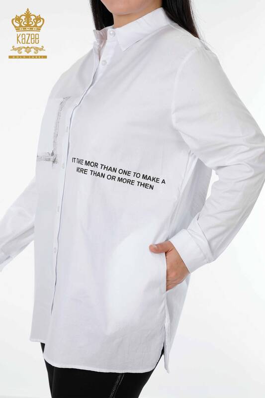 قميص نسائي بالجملة مع نص مفصل أبيض - 20087 | كازي