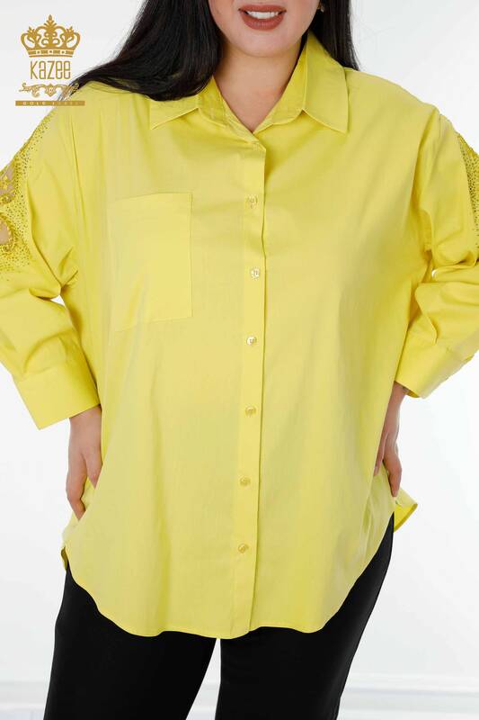 قميص نسائي بالجملة تول مفصل أصفر - 20099 | كازي