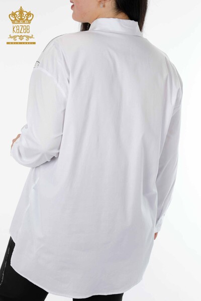 قميص نسائي بالجملة أبيض منقوش بجيب - 20092 | كازي - Thumbnail